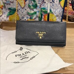 Prada Black Leather Clutch with Gold Chain
